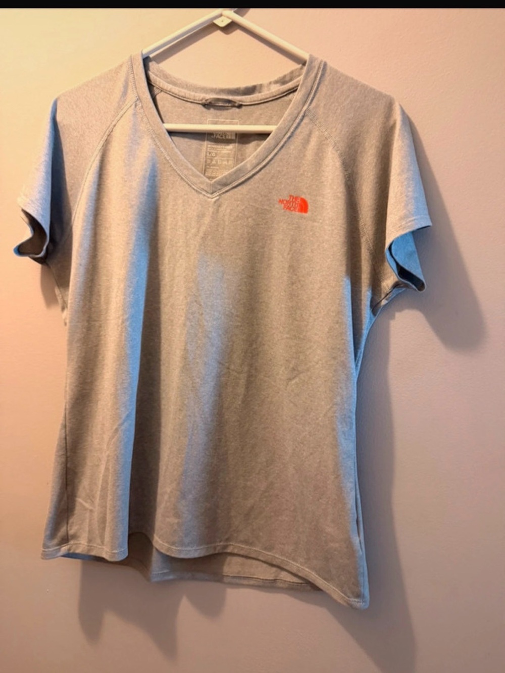 The North Face Women’s V-Neck Tee - Light Gray with Orange Logo